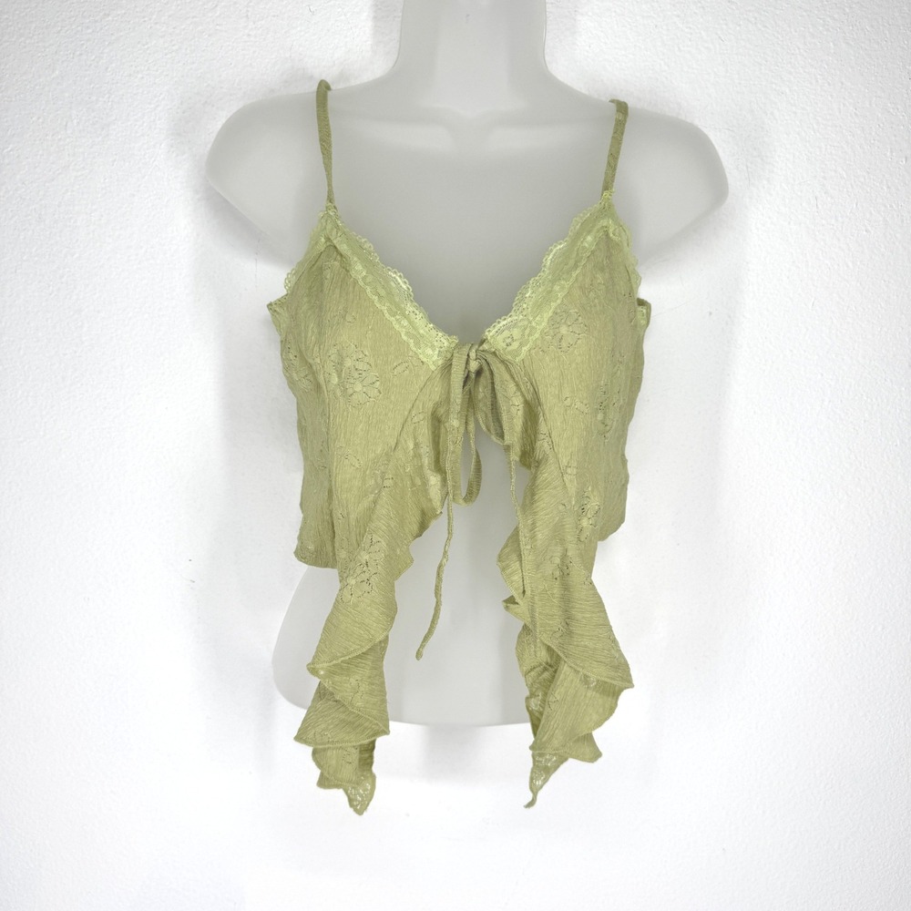Cider Lace Trim Tie Front Ruffle Crop Cami Top XS Fairy Coquette Boho Ruffle Y2K